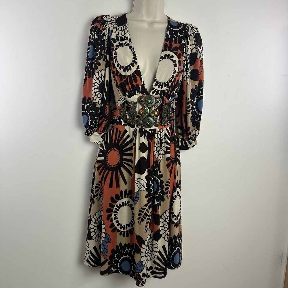 Vintage‎ Y2K Floral V-Neck Midi Tie Waist Dress Beaded Large Boho Retro Pheobe